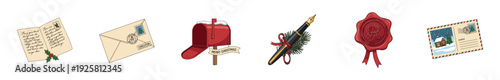 Collection of Christmas postal illustrations featuring a letter, envelope, red mailbox, fountain pen, wax seal, and postcard in a festive, hand-drawn cartoon style