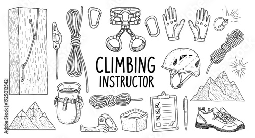 Climbing instructor equipment and gear illustration for outdoor adventure and training