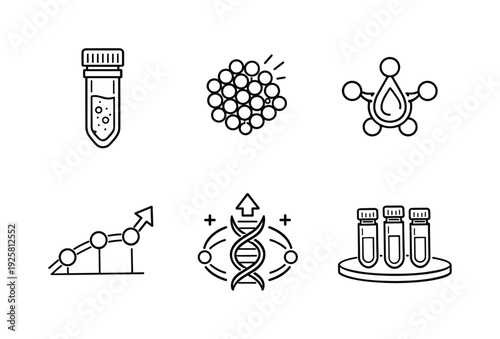 Nano-Upgrade Icon Set. Line style icons of nano-upgrade vials: sealed vial contour, nano-swarm bead cluster, activation droplet