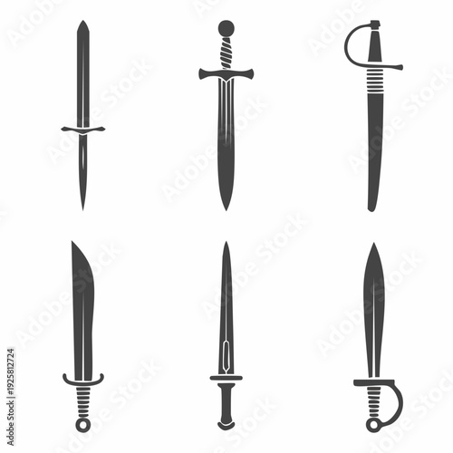 Collection of engraved swords and daggers on display