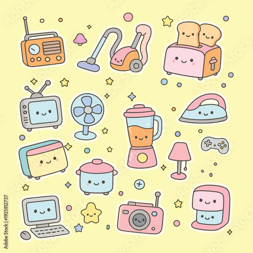 A collection of cute, smiling Kawaii-style household electronic appliances is scattered across a light yellow background.