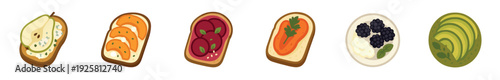 Collection of assorted healthy toasts and sandwiches with various toppings like pear, avocado, and berries, presented as a set of flat vector illustrations for breakfast or lunch