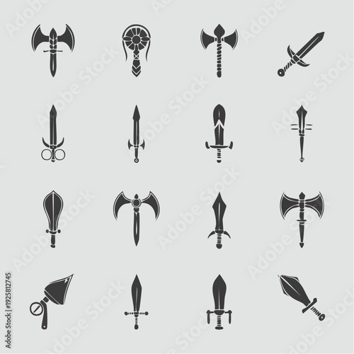 Collection of engraved swords and daggers on display