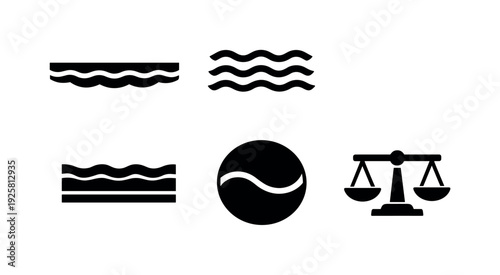 Solid style icons of stable market conditions as calm sea: flat-line swell, gentle ripple, low-volatility band, balanced-flow