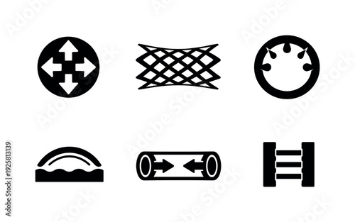 Stent Expansion Mechanics Icons. Solid style icons of stent expansion mechanics: radial expansion arrows, lattice-opening pattern,