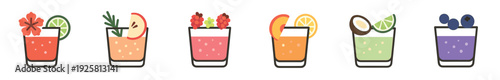 Collection of six different fresh fruit cocktails and summer drinks in a row, each uniquely garnished with berries, citrus, and herbs in a simple flat graphic icon set