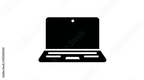 Simplified graphic of a laptop computer, black against white, with screen, keyboard, and webcam