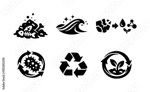 Solid style icons of microbial waste processing: detritus breakdown symbol, enzyme-wave arc, fragment-to-nutrient path, microbe