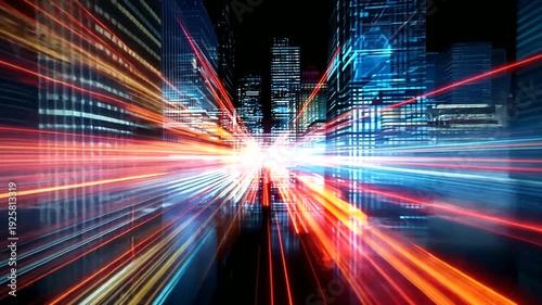 A cityscape rendered with glowing light trails and skyscrapers, creating a modern, abstract representation