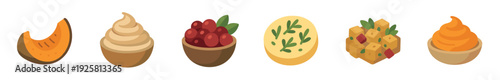 Set of six traditional holiday food icons including a pumpkin slice, mashed potatoes, cranberry sauce, and vegetable dishes in a clean, modern vector illustration style