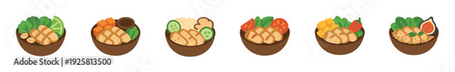 Set of six illustrated healthy food bowls with grilled chicken, fresh vegetables, and various toppings in a flat vector graphic style for menu or dietary concepts