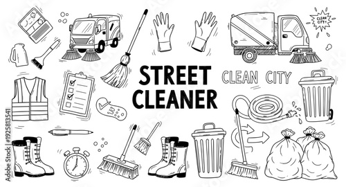 Collection of street cleaning equipment and tools in a doodle art style