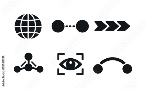 External World Icons. Solid style icons of external-world hypotheses: world sphere, independence marker, causal-chain arrows,