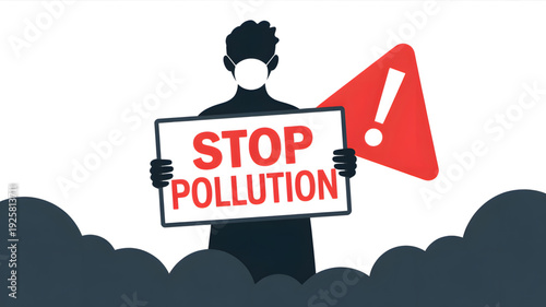 Man Wearing Mask Holding Stop Pollution Sign.