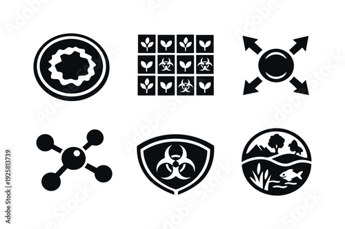 Solid style icons of contamination mapping: affected-zone halo, crop-cluster grid, spread-pattern arrows, vulnerability node,