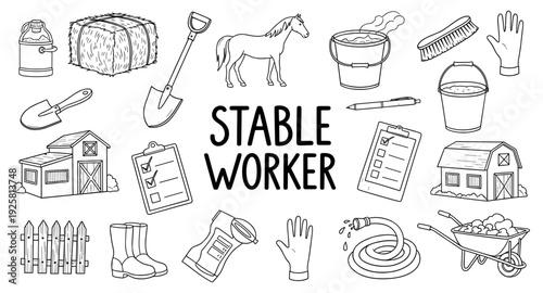 Collection of farm and stable worker equipment and supplies in a doodle art style