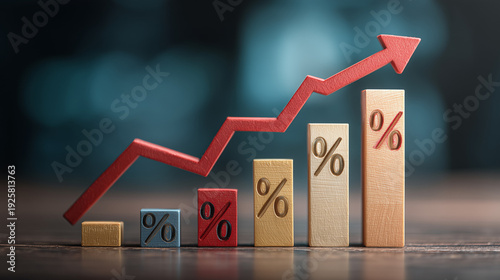Business graph with arrow and percentage symbol, shopping discount and tax adjustment concept, interest rate changes to fight inflation, investment return, and retail sales growth strategy