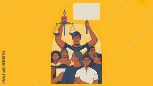 Diverse group holding scales justice equality.