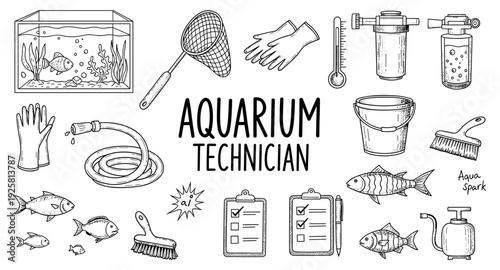 Aquarium technician tools and equipment for fish tank maintenance and care