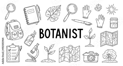 Botanist illustration with scientific equipment and nature elements for study
