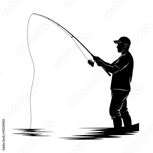 Man casting fishing rod in water isolated on transparent background.