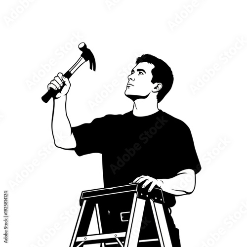 Man holding hammer on a ladder isolated on transparent background.