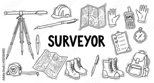 Surveyor's essential equipment and tools for land measurement and mapping