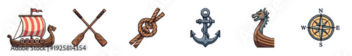Viking themed nautical icon set featuring a drakkar longship, wooden oars, rope knot, anchor, dragon head prow, and a compass rose in a detailed illustrated style
