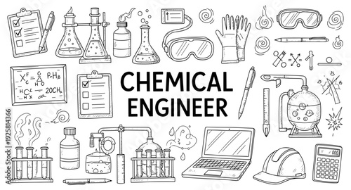 Collection of chemical engineering tools and symbols in a doodle art style