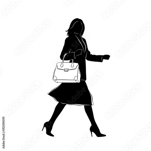 Businesswoman walking with handbag and heels isolated on transparent background.