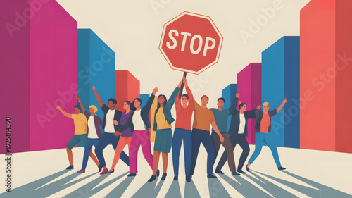 Diverse group protesting with stop sign.