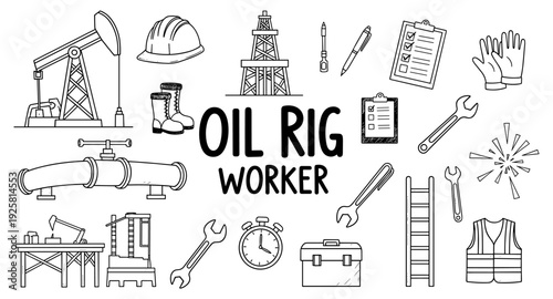 Collection of hand-drawn oil rig worker equipment and tools for industry