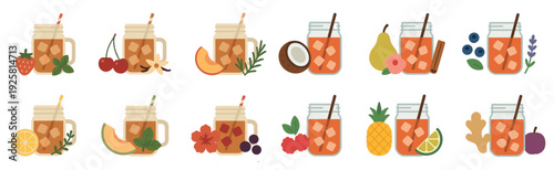 Large set of flavored iced tea illustrations in mason jars with various fresh fruit, herb, and spice ingredients, showing a variety of summer beverage recipes in a flat design style