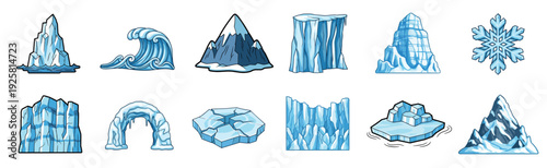 Set of various cartoon winter elements featuring icebergs, glaciers, snowy mountains, a large ocean wave, an icy arch, a cracked ice floe, and a decorative snowflake icon