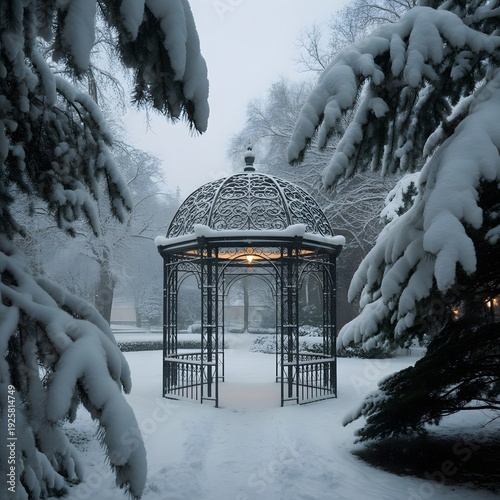 Snow-covered gazebo stands in winter