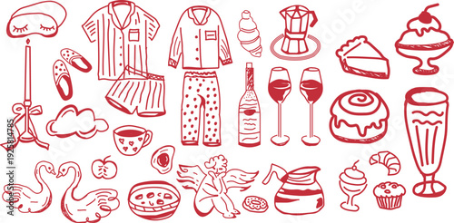 Red Hand Drawn Cozy Morning Breakfast And Sleepwear Doodles, romantic lifestyle branding and stationery
