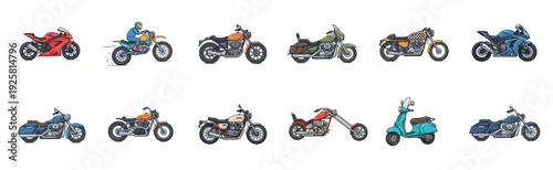 Diverse collection of colorful cartoon motorcycles and a scooter are shown in a side profile view, featuring various styles like sport, cruiser, chopper, and classic bikes