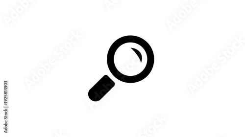 A black magnifying glass icon, a search tool, on a clean, white background
