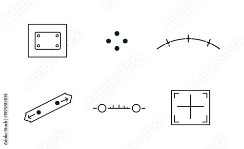 Line style icons of hole-positioning overlays: wall outline plate, marker dot cluster, alignment-arc curve, drill-aim stripe,