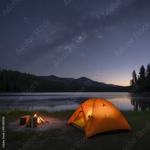 Tent glows under starry night