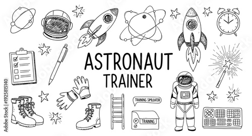 Hand-drawn astronaut training equipment and space exploration icons collage