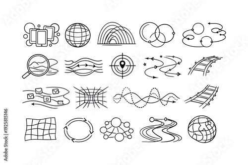 Distorted Reality Icons. Line vector icons of distorted reality through a social bubble: filter-bubble pads, echo-field grids,