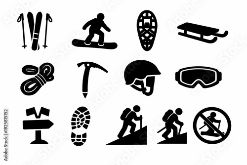 Solid vector icons of alpine winter activities: ski, snowboard, snowshoe, sled, climbingrope, iceaxe, helmet, goggles,