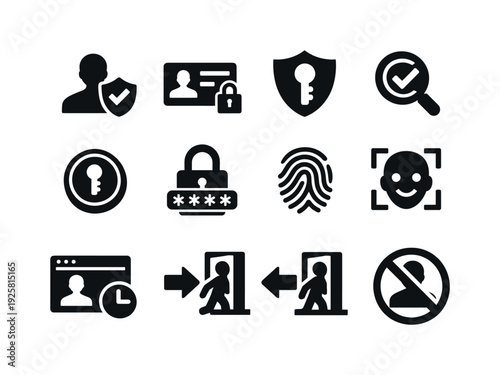 Solid vector icons of identity privacy management: identity, authentication, authorization, verification, token, password,