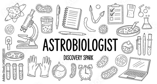 Astrology and biology discovery spark with scientific equipment and microbes illustration