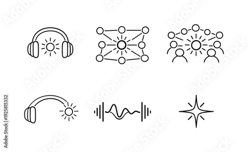 Line vector icons of headphones that isolate the voice of a needed person in a noisy crowd (focused voice extraction): headset