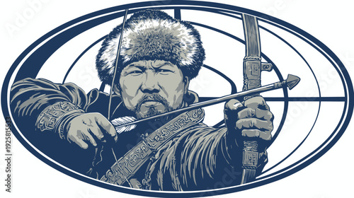 Warrior with bow and arrow, clad in fur hat and ornate clothing, within an oval frame