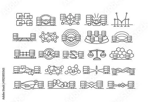 Digital Diplomacy Icons. Line vector icons of digital statesmanship among servers: envoy-protocol tiles, negotiation arcs,