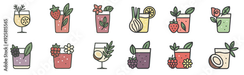 Collection of colorful drink icons featuring various fruit and herbal beverages in a minimalist line art style with pastel colors, garnished with strawberry, lemon, and flowers