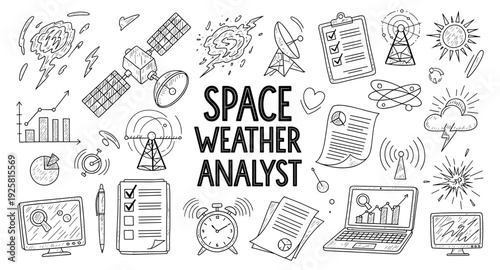 Space weather analyst doodle collection with satellite, sun, and charts